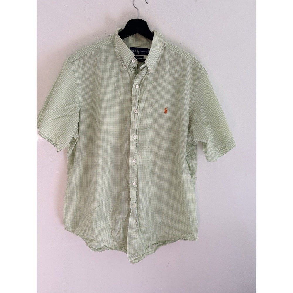 Ralph Lauren Button Down Shirt Men XL Green White Gingham Check Classic Fit
